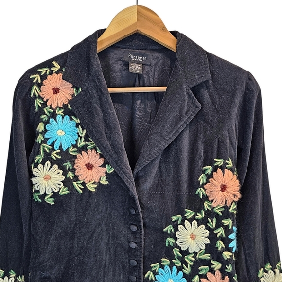Vtg Persaman Micro Corduroy Floral Blazer 2 Black 90s Boho Chic Hippie Jacket - Picture 10 of 13